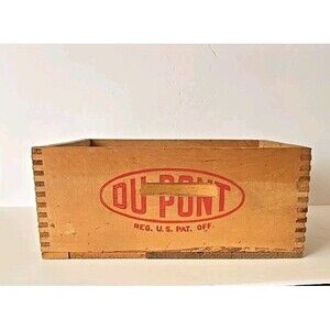 DuPont Wooden Explosives Crate/Box Red Print With Handles Dovetail